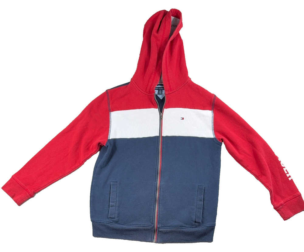 Tommy Hilfiger Hoodie Boys XL 20 Red White Blue Colorblock Full Zip Logo